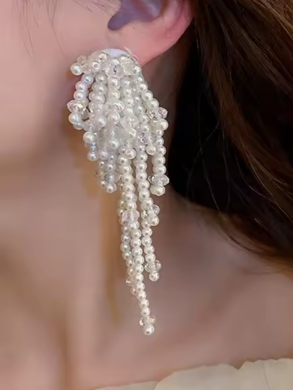 Long full beaded tassel clustered drop earrings; nwot